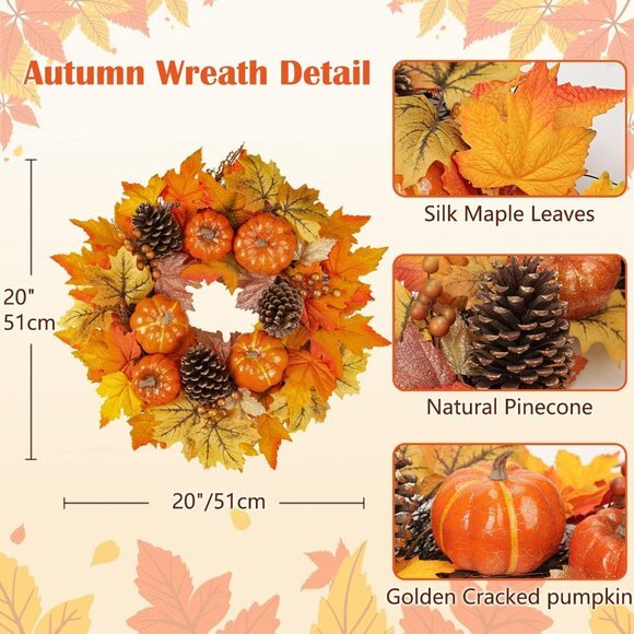 Fall Wreaths for Front Door, 20" Autumn Wreath with Hangers, Large Silk Maple - Picture 6 of 6